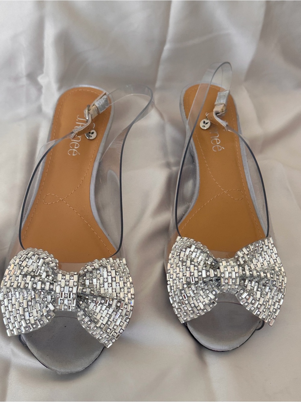 Beaded Bow Clear Slingback Sandals - Silver